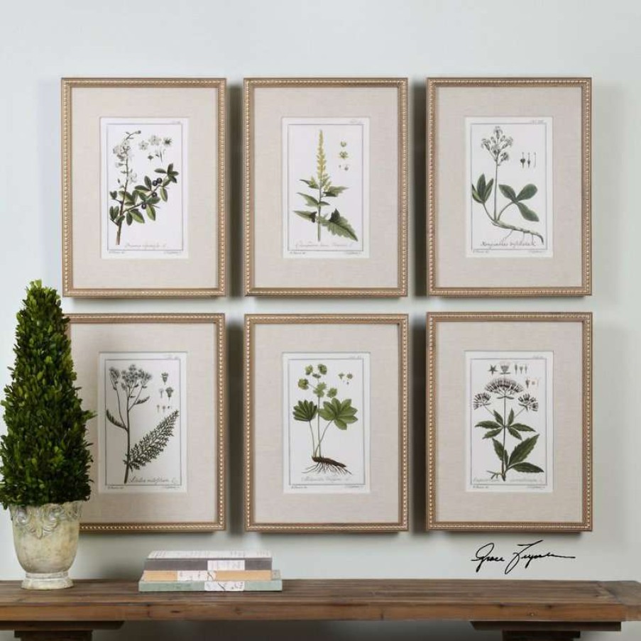 Wall Decor * | Top 10 Uttermost Leaf Berry Flower 6-Piece Wall Art Set, Beaded Gold Frame Botanical