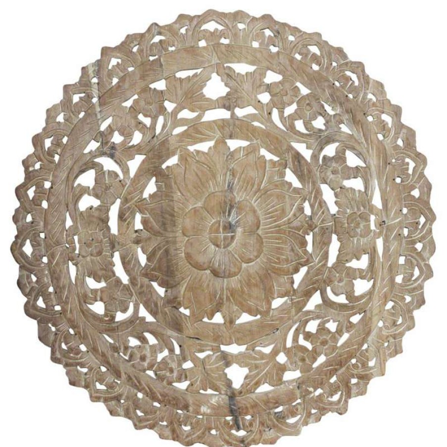 Wall Decor * | Cheap Kammika Import Export Co., Ltd (Thailand) Haussmann Teak Lotus Panel Inlay Round 60 Cm H Sand Washed