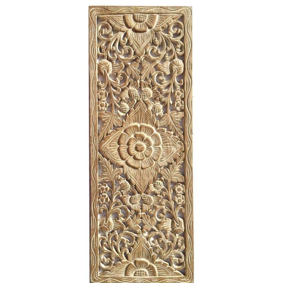 Wall Decor * | Cheap Asiana Home Decor Large Lotus Floral Wood Carved Wall Panel, Tropical, 13.5 X35.5 , White Wash