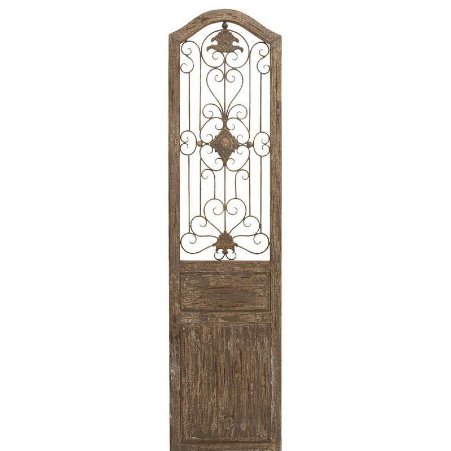 Wall Decor * | Best Deal Brimfield & May Brown Wood Rustic Scroll Door Inspired Wall Decor With Metal Wire 19 X 1 X 72