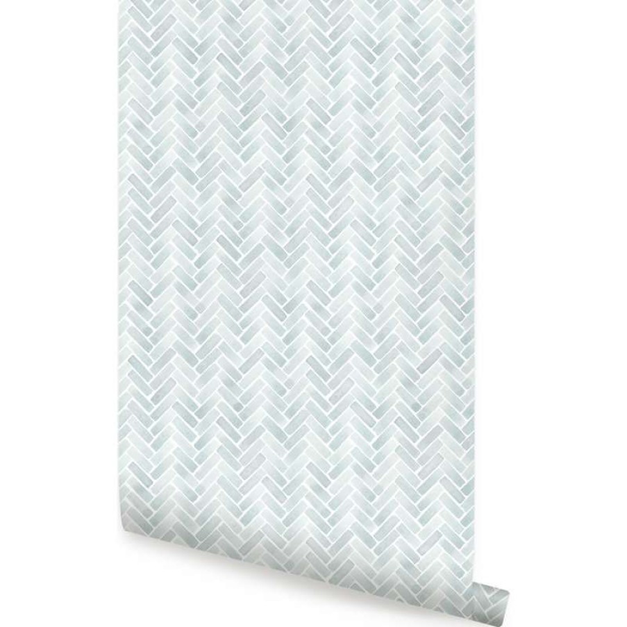 Wall Decor * | Budget Simple Shapes Watercolor Herringbone Peel And Stick Wallpaper, Misty Blue, 24 W X 108 H