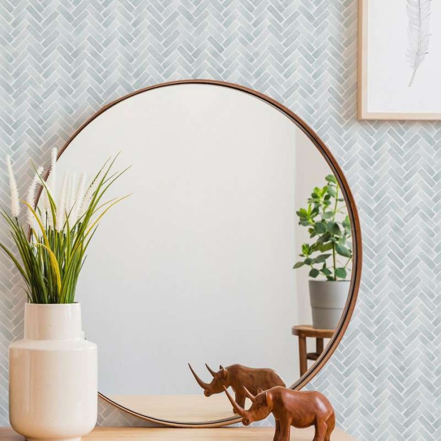 Wall Decor * | Budget Simple Shapes Watercolor Herringbone Peel And Stick Wallpaper, Misty Blue, 24 W X 108 H