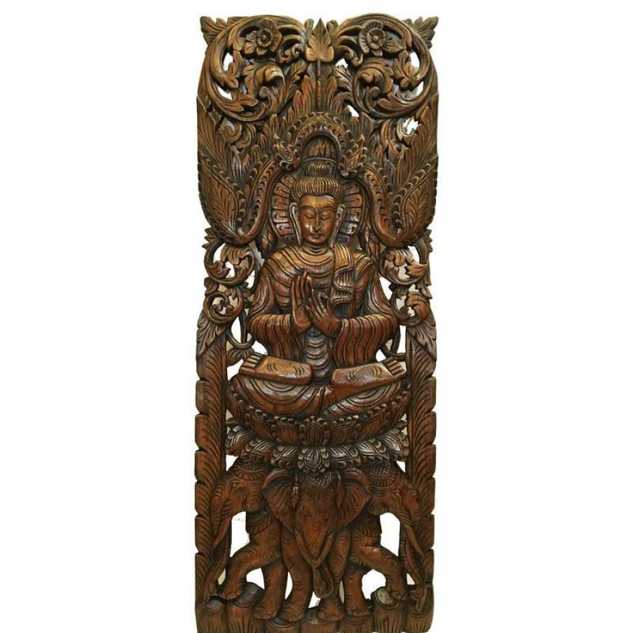 Wall Decor * | Deals Asiana Home Decor Buddha Wood Wall Decor, Large Carved Wood Panel, Dark Brown