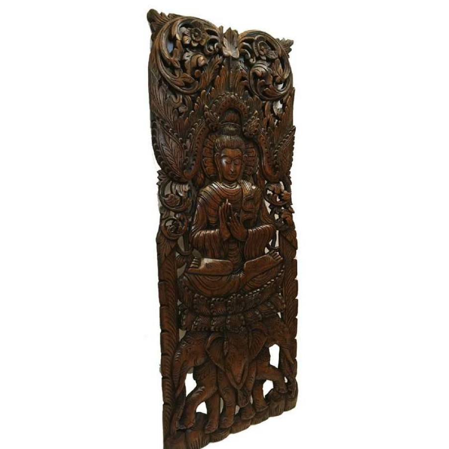 Wall Decor * | Deals Asiana Home Decor Buddha Wood Wall Decor, Large Carved Wood Panel, Dark Brown