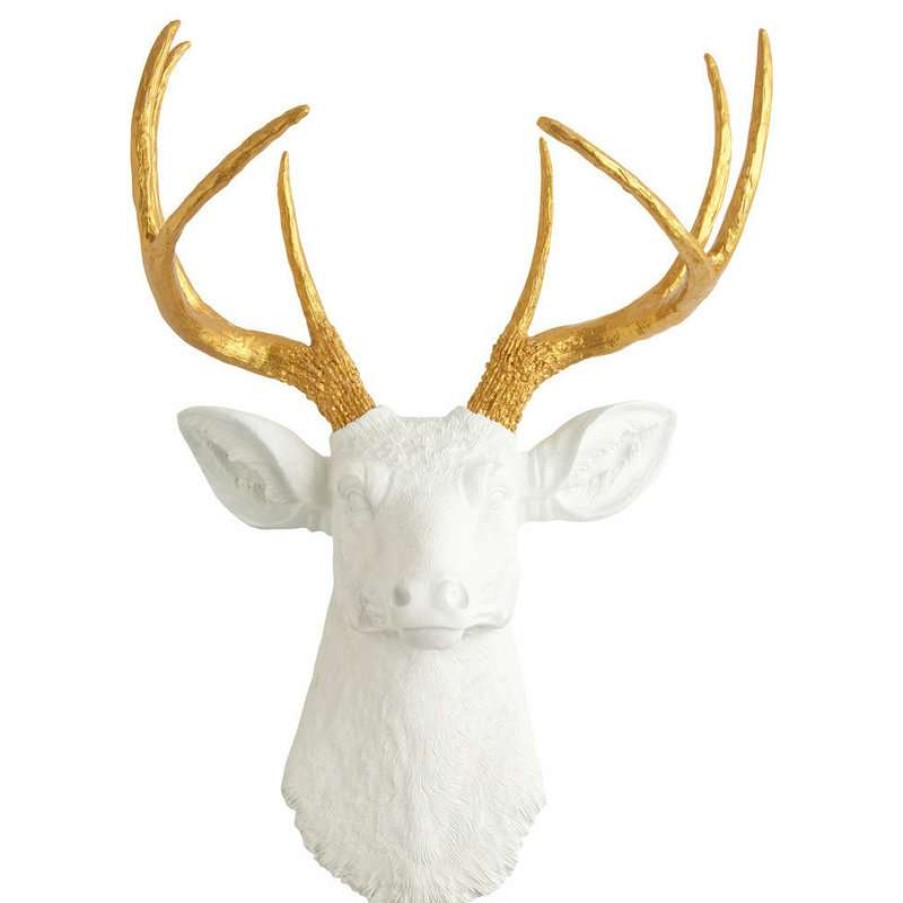 Wall Decor * | Discount White Faux Taxidermy White Faux Deer Head Wall Mount, Gold Antlers