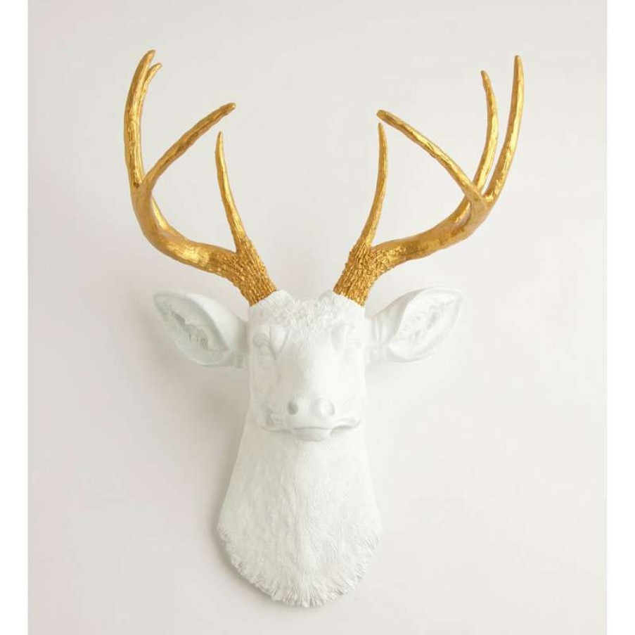 Wall Decor * | Discount White Faux Taxidermy White Faux Deer Head Wall Mount, Gold Antlers