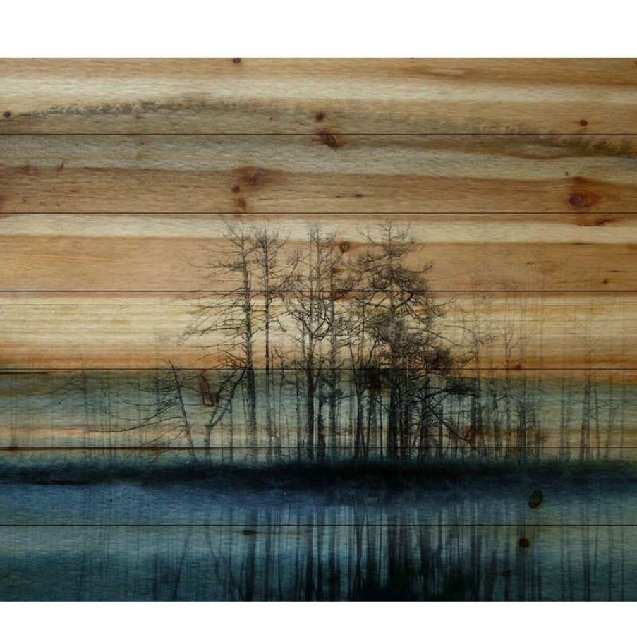 Wall Decor * | New Parvez Taj "Tree Isle Reflects" Painting Print On Natural Pine Wood, 45 X30