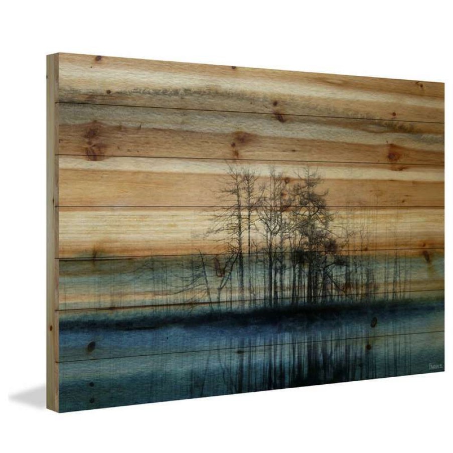 Wall Decor * | New Parvez Taj "Tree Isle Reflects" Painting Print On Natural Pine Wood, 45 X30