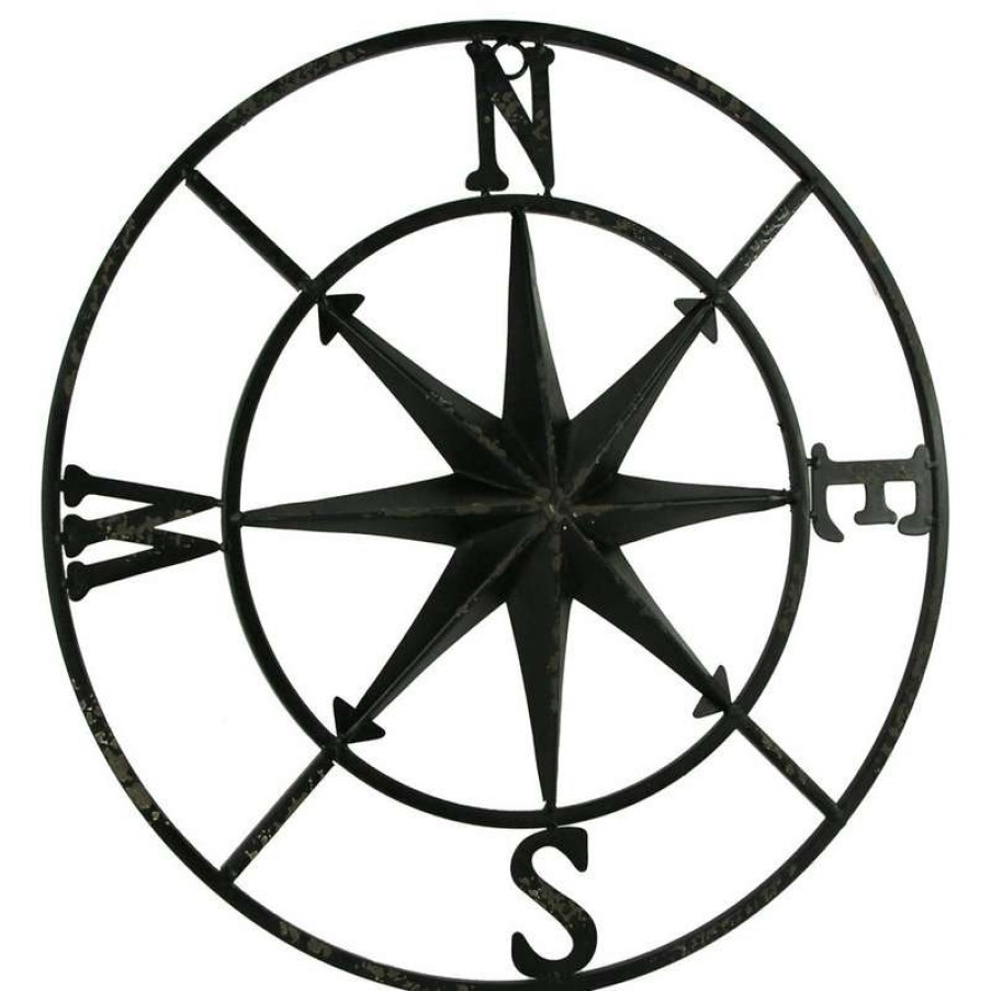 Wall Decor * | Cheapest Pd Home & Garden Distressed Metal Compass Rose Indoor/Outdoor Wall Hanging Black