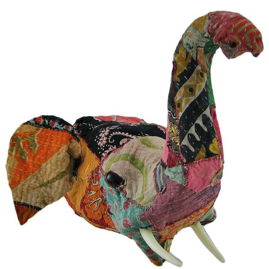 Wall Decor * | Discount Zeckos Recycled 15 Inch Fabric Covered Trunk Up Elephant Head Wall Mount Bust