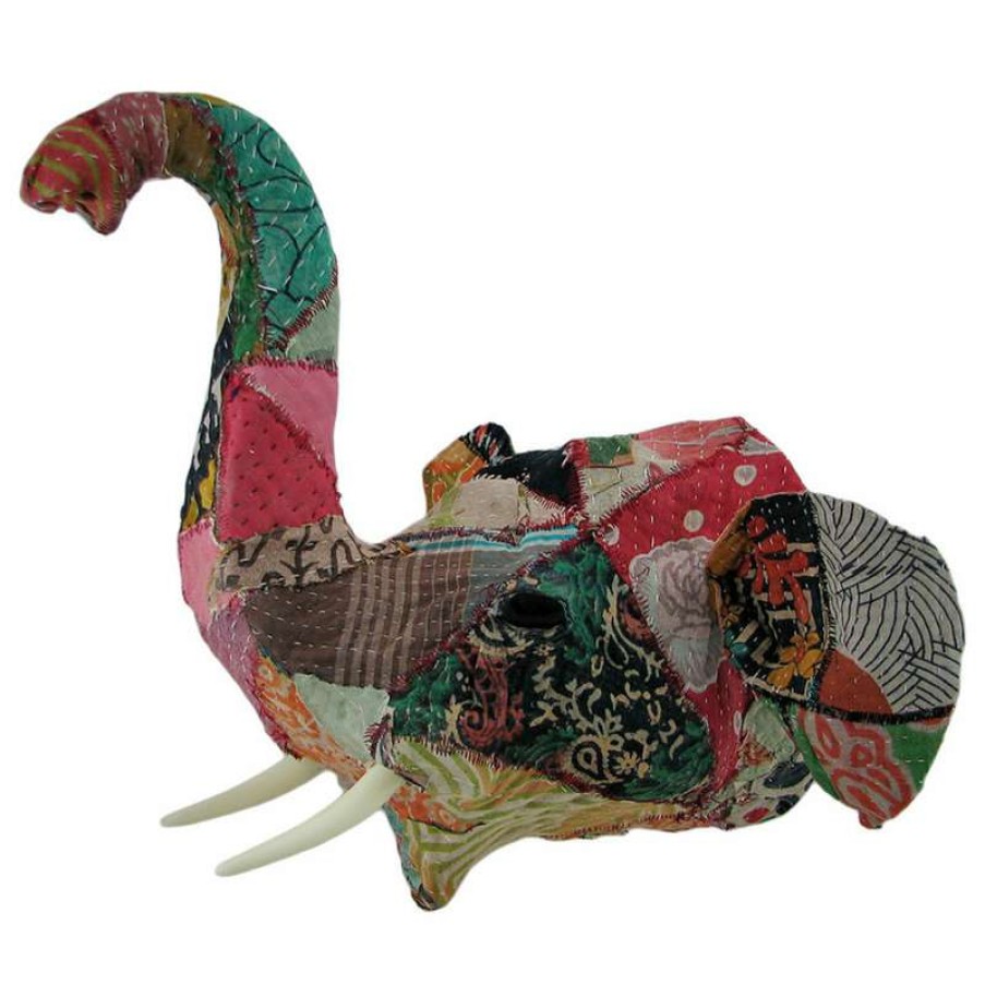 Wall Decor * | Discount Zeckos Recycled 15 Inch Fabric Covered Trunk Up Elephant Head Wall Mount Bust