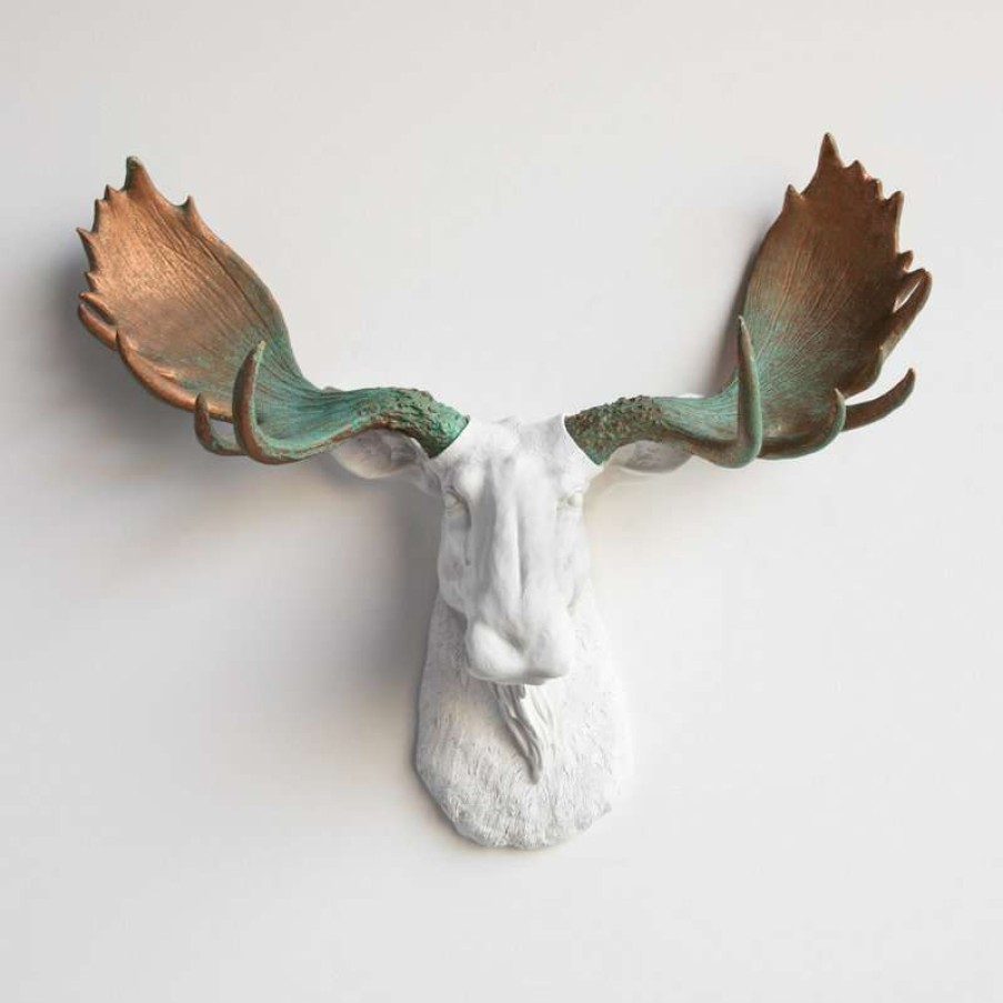 Wall Decor * | Deals Near And Deer Faux Taxidermy Moose Head Wall Mount, White And Green Patina