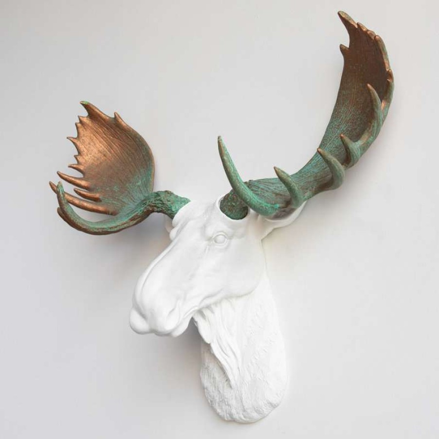 Wall Decor * | Deals Near And Deer Faux Taxidermy Moose Head Wall Mount, White And Green Patina