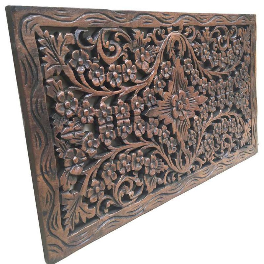 Wall Decor * | Top 10 Asiana Home Decor Wood Carved Panel, Decorative Flora Wall Relief Panel, Teak Wood Wall Hanging