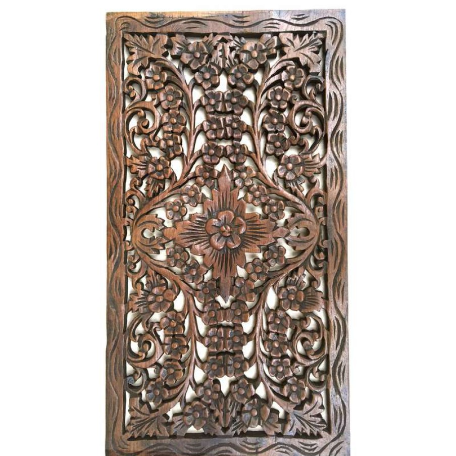 Wall Decor * | Top 10 Asiana Home Decor Wood Carved Panel, Decorative Flora Wall Relief Panel, Teak Wood Wall Hanging