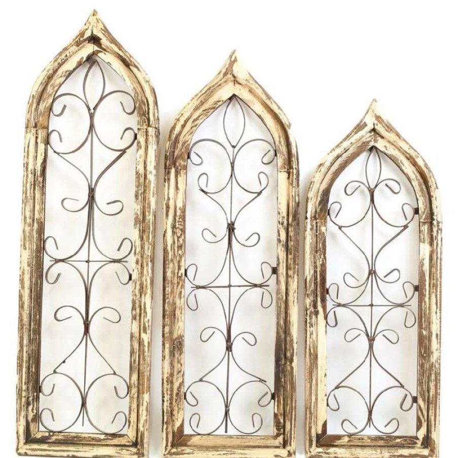 Wall Decor * | Outlet Mexican Imports Gothic Architectural Windows, Set Of 3, White & Brown, (3) Multiple Sizes