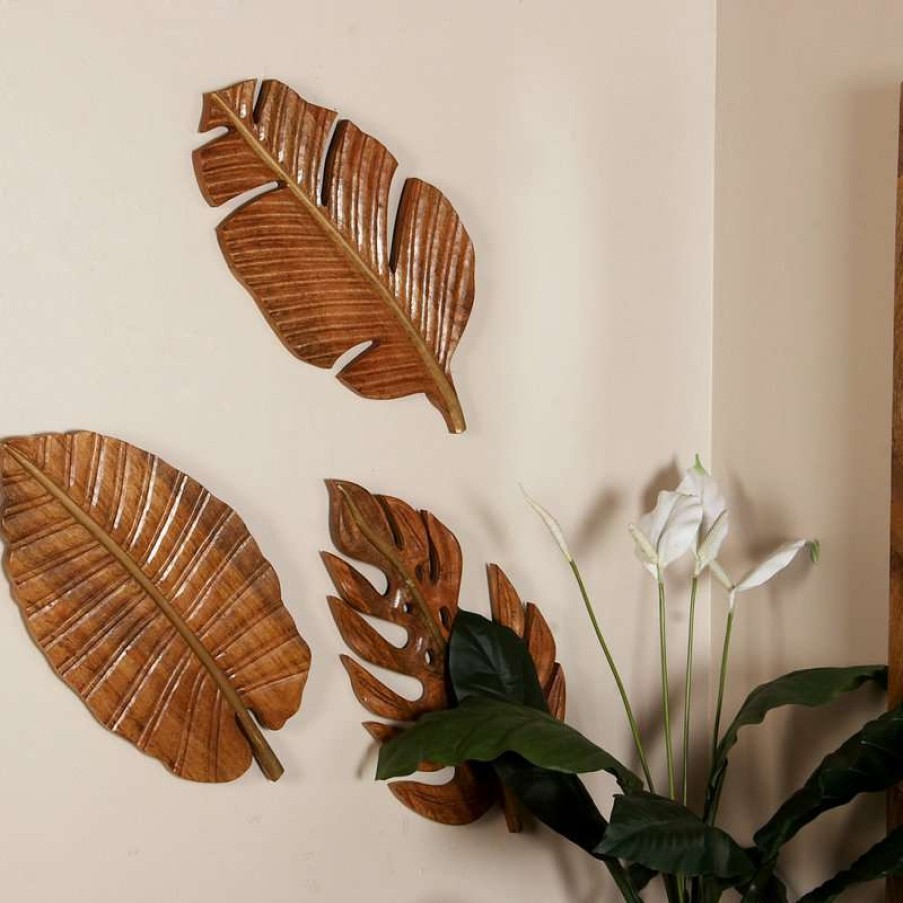 Wall Decor * | Cheap Brimfield & May Set Of 3 Brown Mango Wood Floral Wall Decor 95989