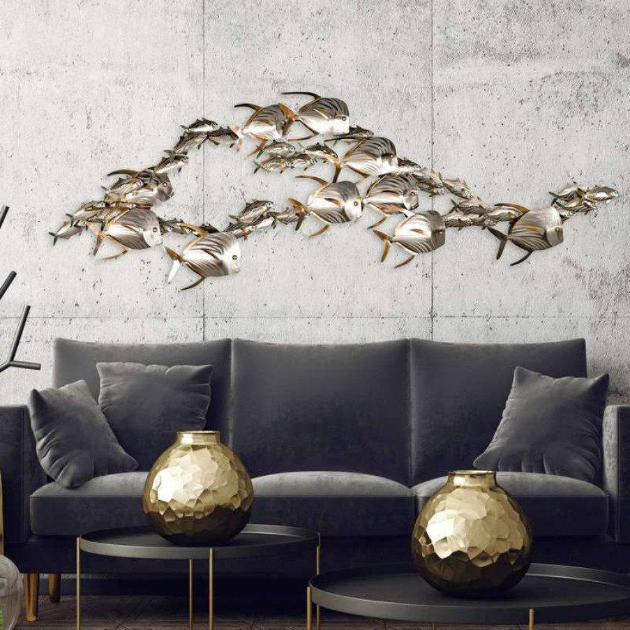 Wall Decor * | Deals Copper Art Coastal Home Decor 'Sardines School Xl' Steel Contemporary School Of Fish Art