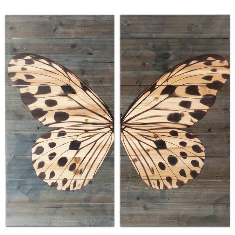 Wall Decor * | Cheap Gallery 57 Butterfly Diptych Print On Wood, Blue, 2 Piece, 29 X29 Overall