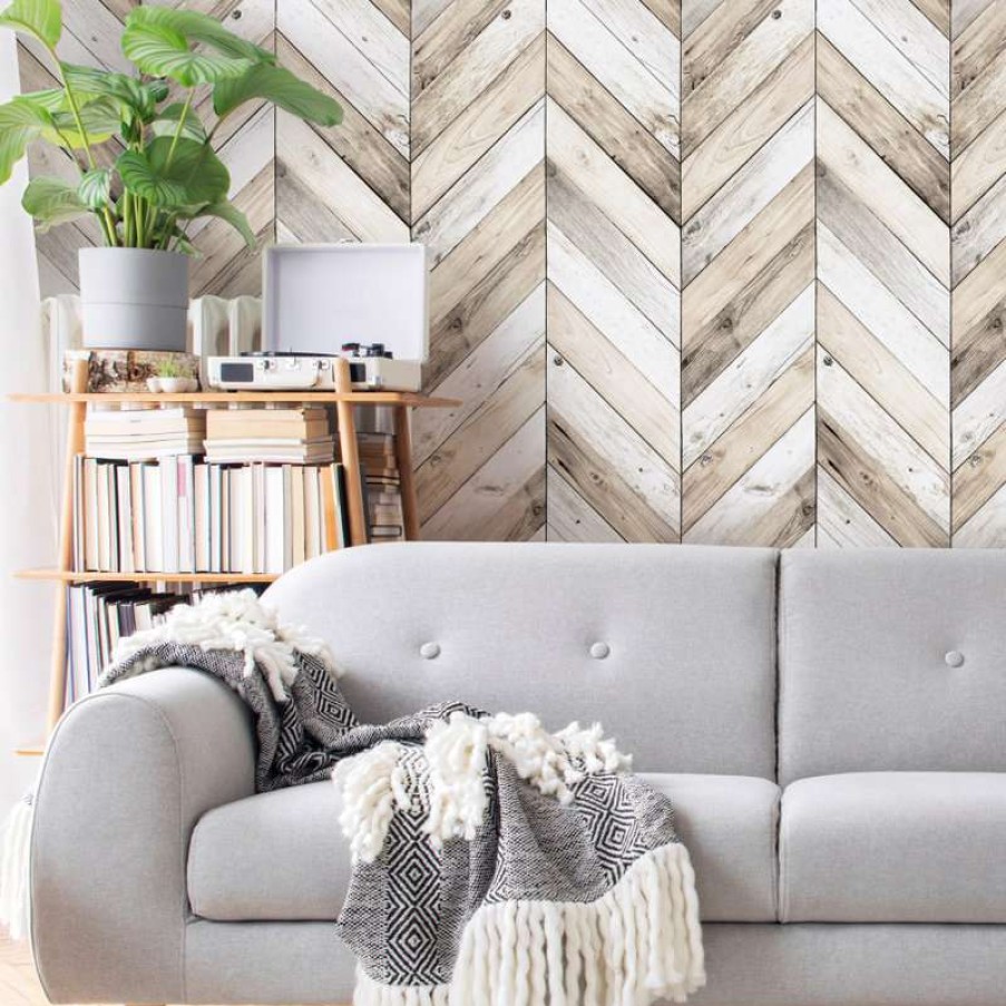 Wall Decor * | Hot Sale Accentuwall Chevron Wood Herringbone Wallpaper, Peel And Stick, Light, 24 X108