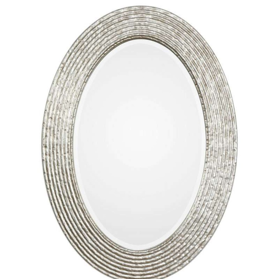 Mirrors * | Budget Uttermost Elegant Silver Ribbed Organic Style Wall Mirror, Oval Twig Reeded Vanity Modern