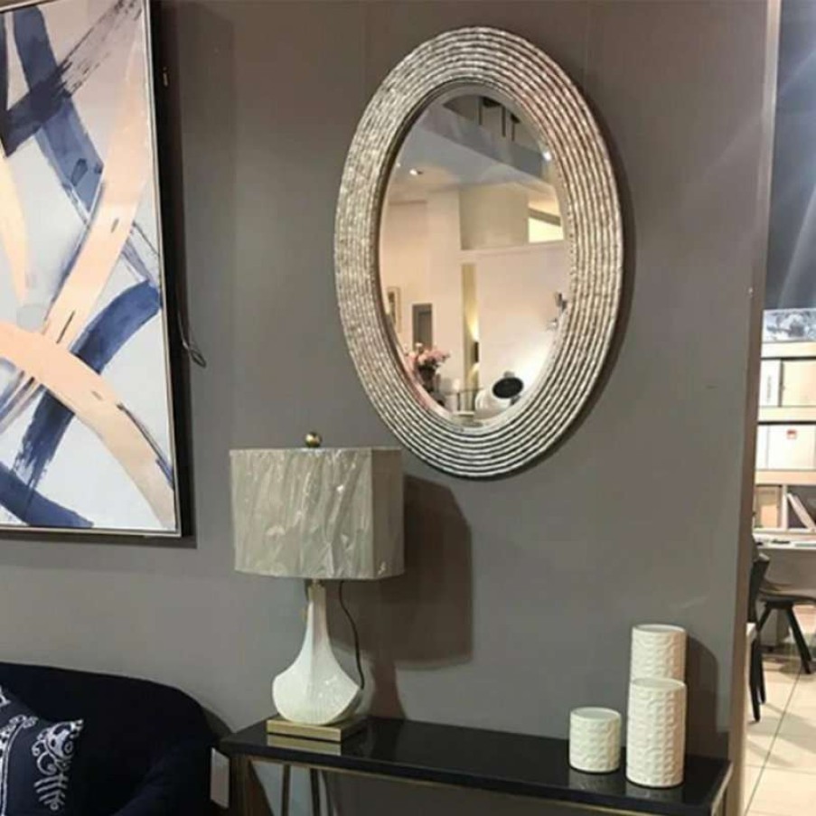 Mirrors * | Budget Uttermost Elegant Silver Ribbed Organic Style Wall Mirror, Oval Twig Reeded Vanity Modern