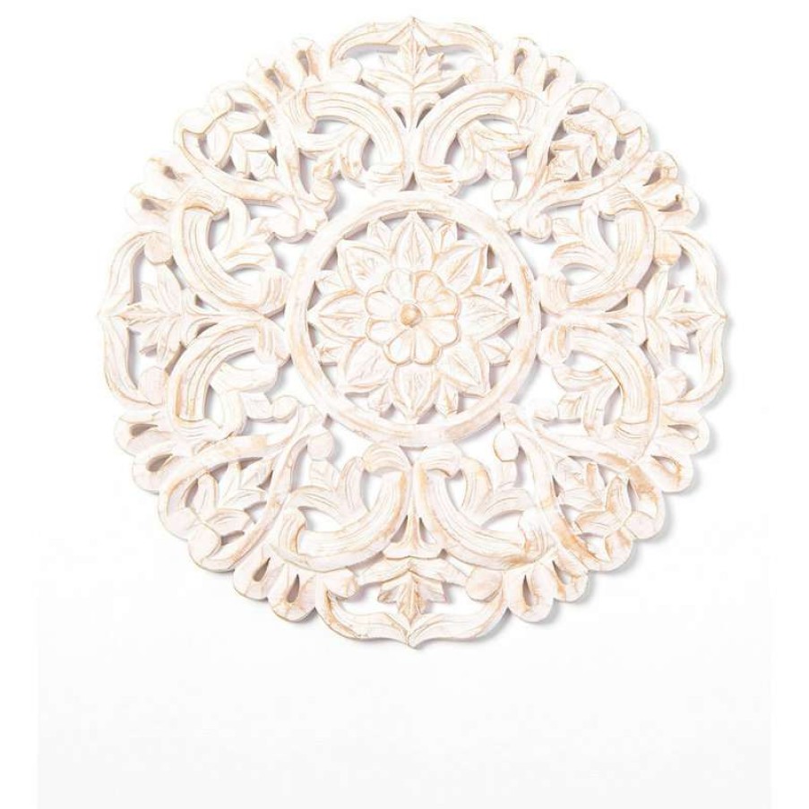 Wall Decor * | Wholesale Best Home Fashion Round Decorative Whitewashed Carved Wood Wall Panel