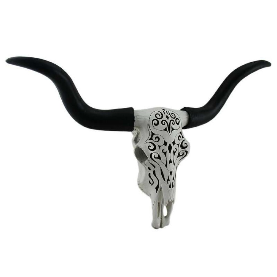 Wall Decor * | Budget Zeckos Longhorn And Lace Black & White Filigree Design Hanging Steer Skull Statue