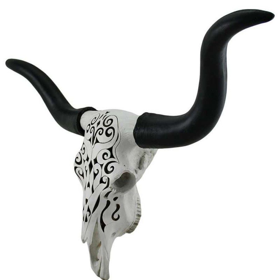 Wall Decor * | Budget Zeckos Longhorn And Lace Black & White Filigree Design Hanging Steer Skull Statue