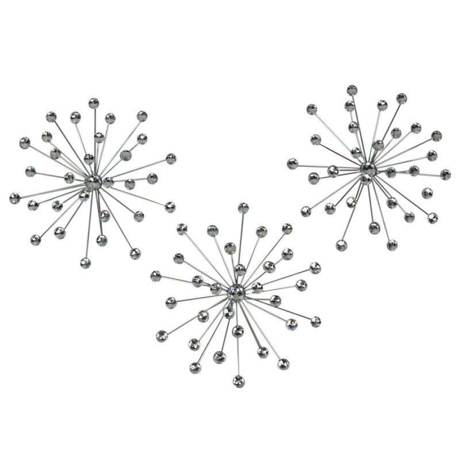 Wall Decor * | Cheapest Elico Ltd. 3 Silver Starburst Jeweled Metal Decorative Wall Art Hanging Rhinestone Crystal