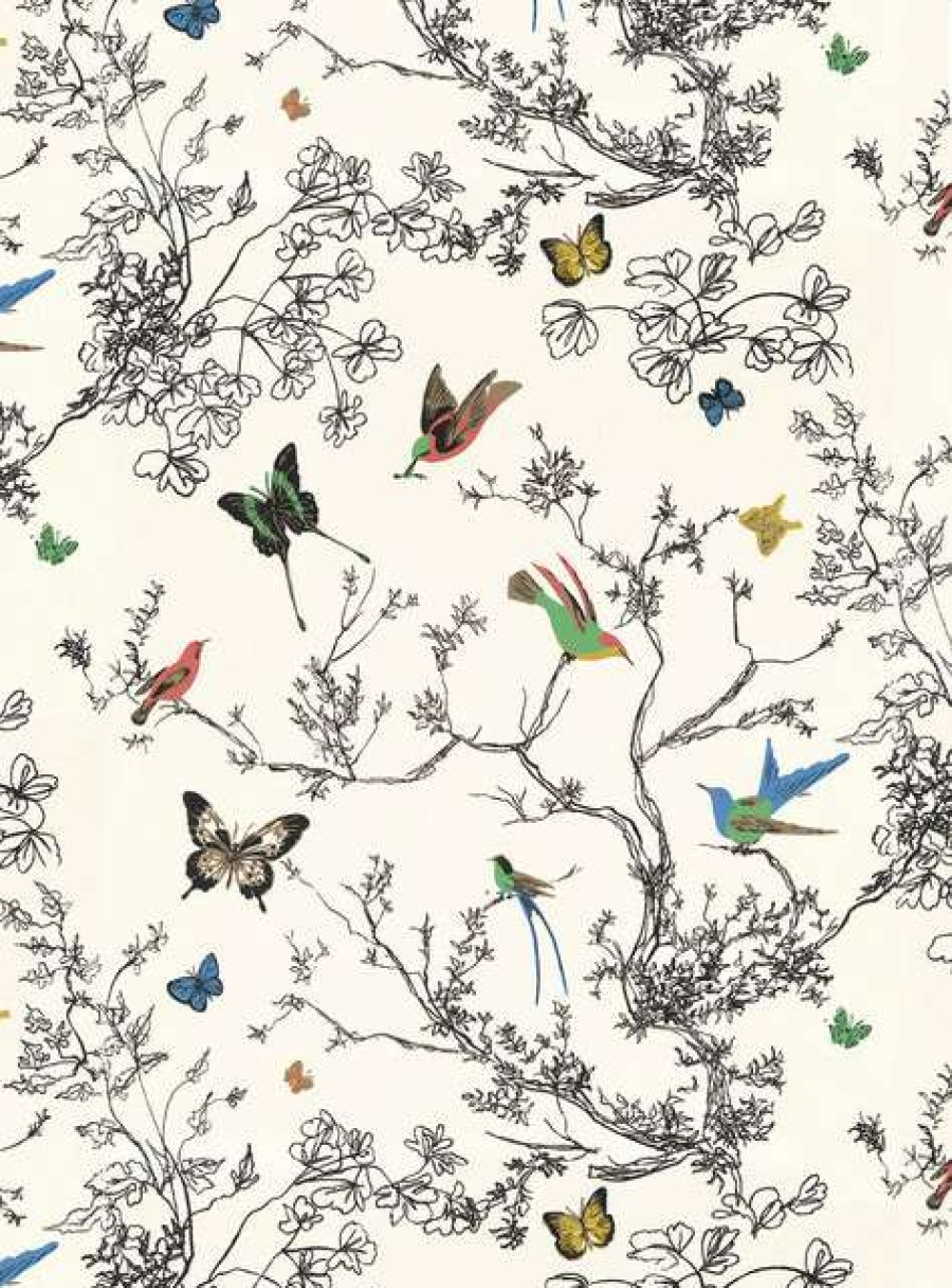 Wall Decor * | Flash Sale Schumacher Birds & Butterflies Vinyl Wallpaper In Multi On White