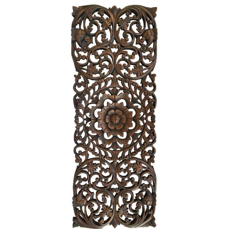 Wall Decor * | Budget Asiana Home Decor Floral Tropical Carved Wood Wall Panel, Dark Brown