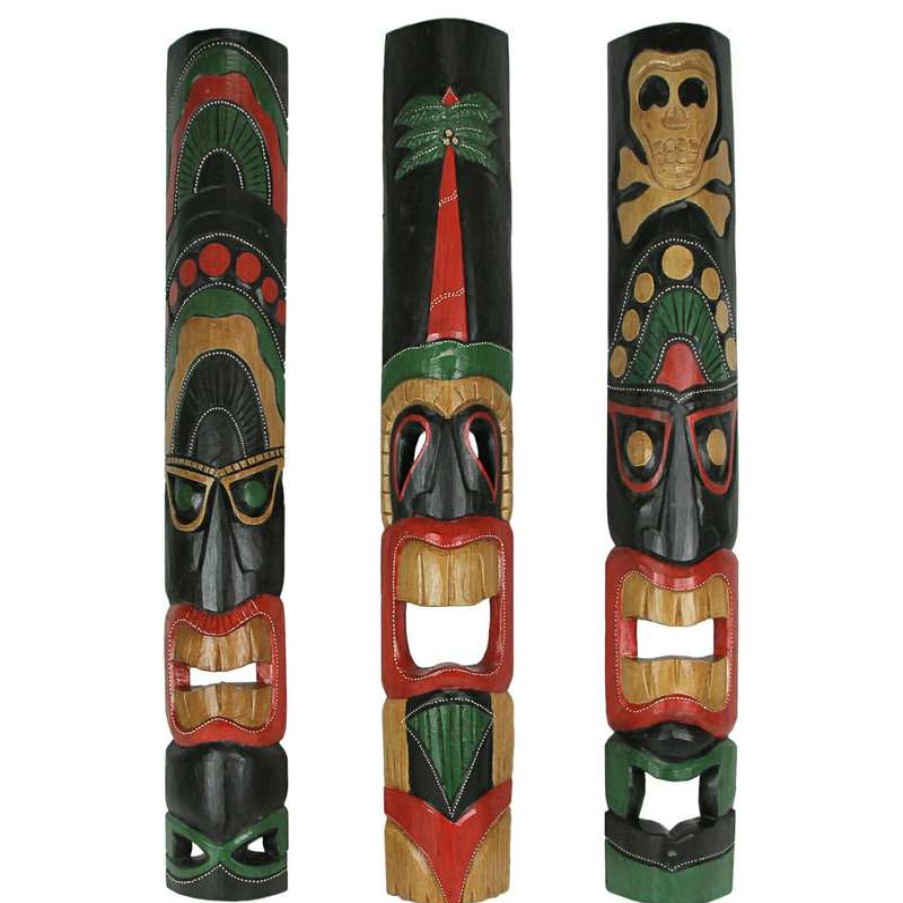 Wall Decor * | New Zeckos Set Of 3 Hand Carved 39 Inch Tall Island Style Polynesian Tiki Masks