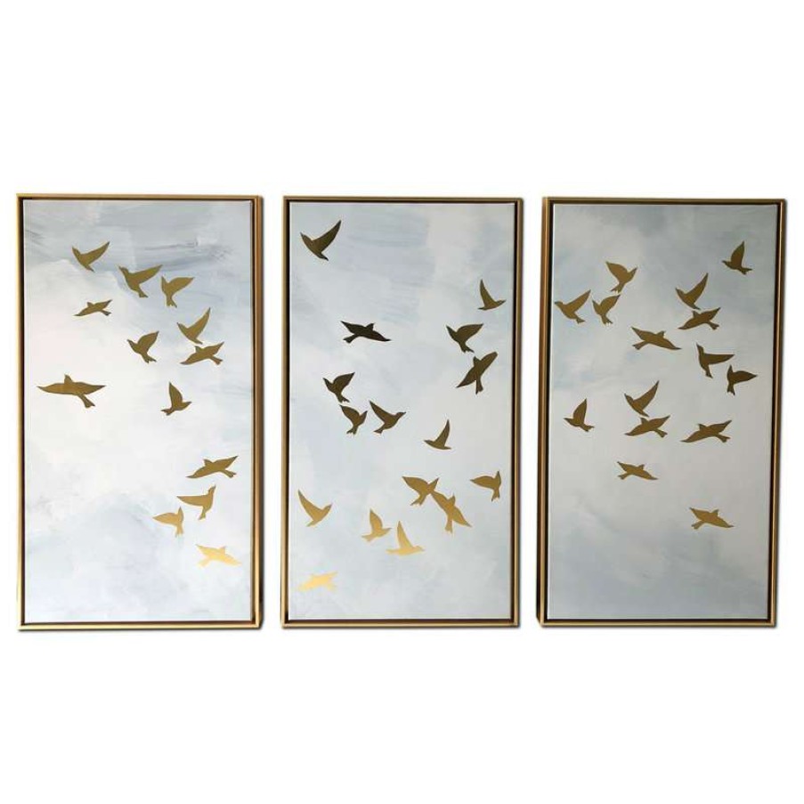 Wall Decor * | Coupon Gallery 57 Golden Birds Floating Canvas 3 Piece 48 30